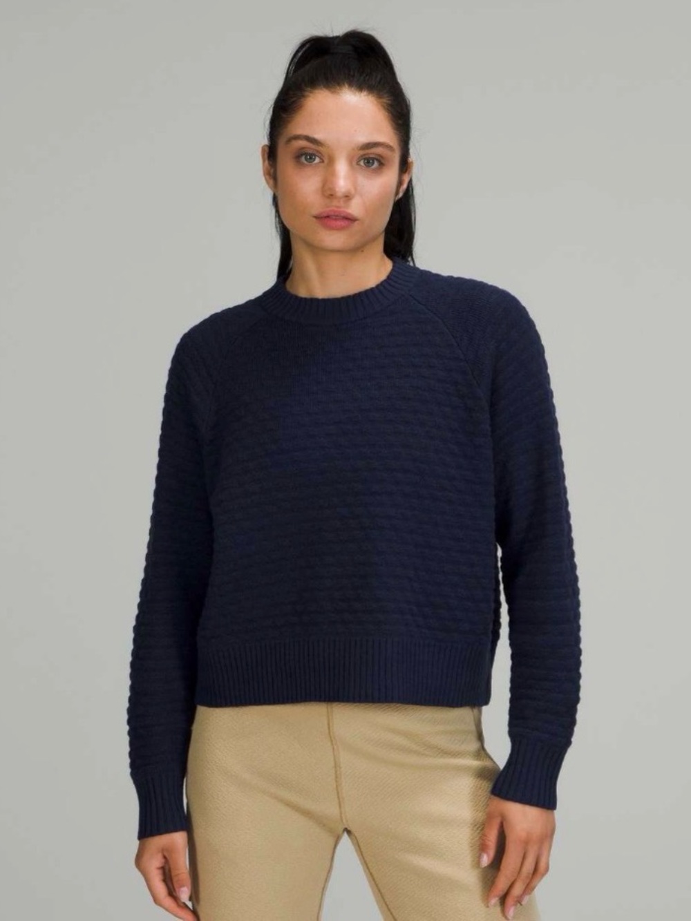 $138 cashmere blend lululemon athletica Navy Textured Crew Sweater